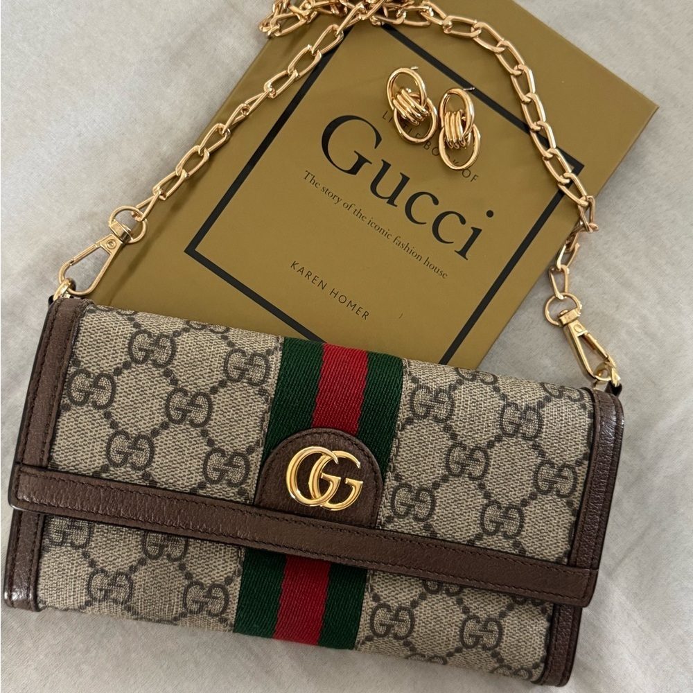 Authentic GUCCI GG Supreme Monogram Web Ophidia Wallet On Chain Crossbody Bag